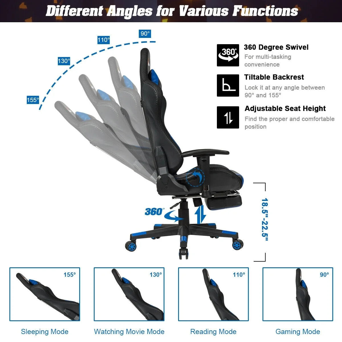 Ergonomic Gaming Chair with Footrest, High Back Faux Leather Gaming Chair with RGB Led Light and Adjustable Armrest Height Adjustable Swivel