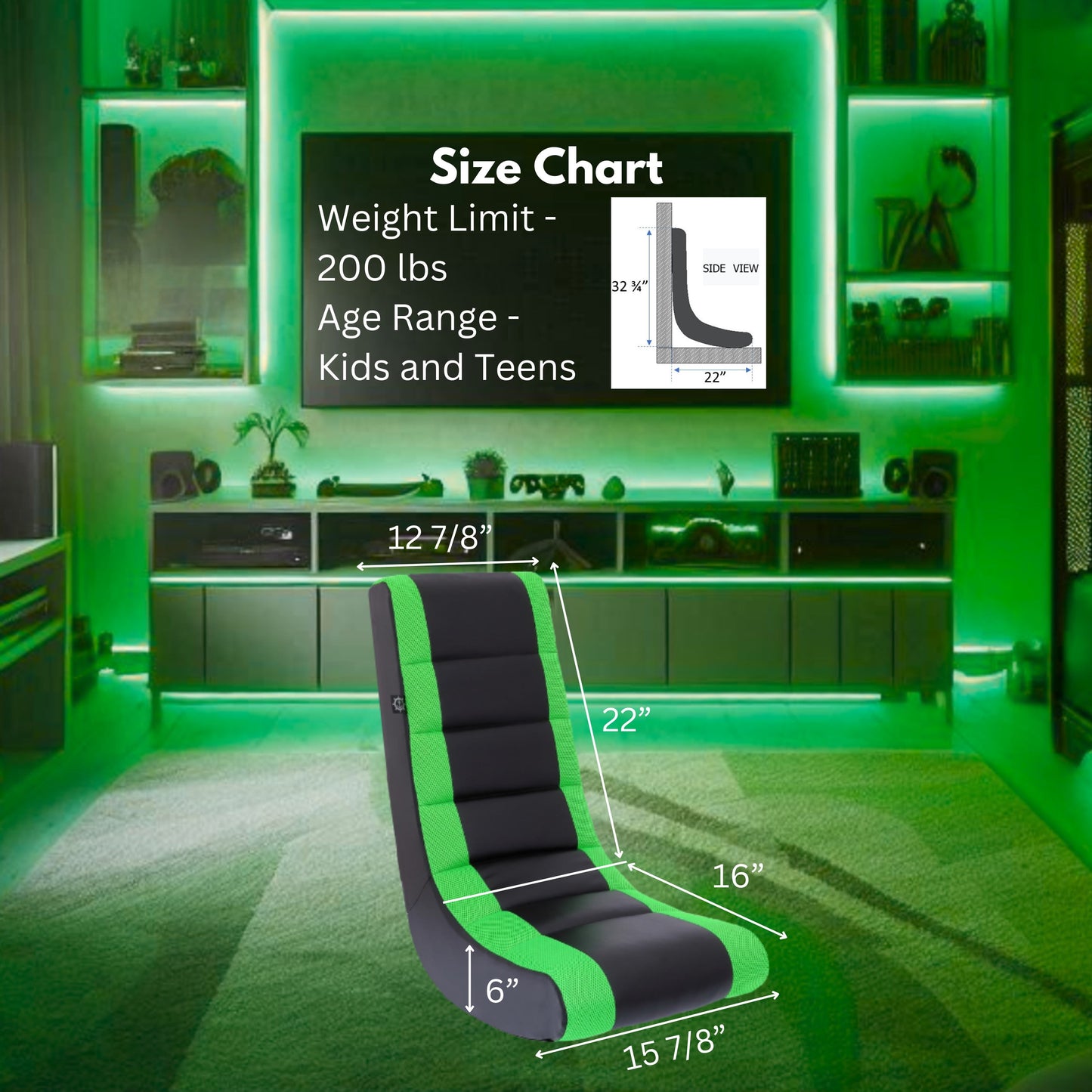 Classic Video Rocker Floor Gaming Chair, Kids and Teens, PU Faux Leather & Polyester Mesh, Black/Green