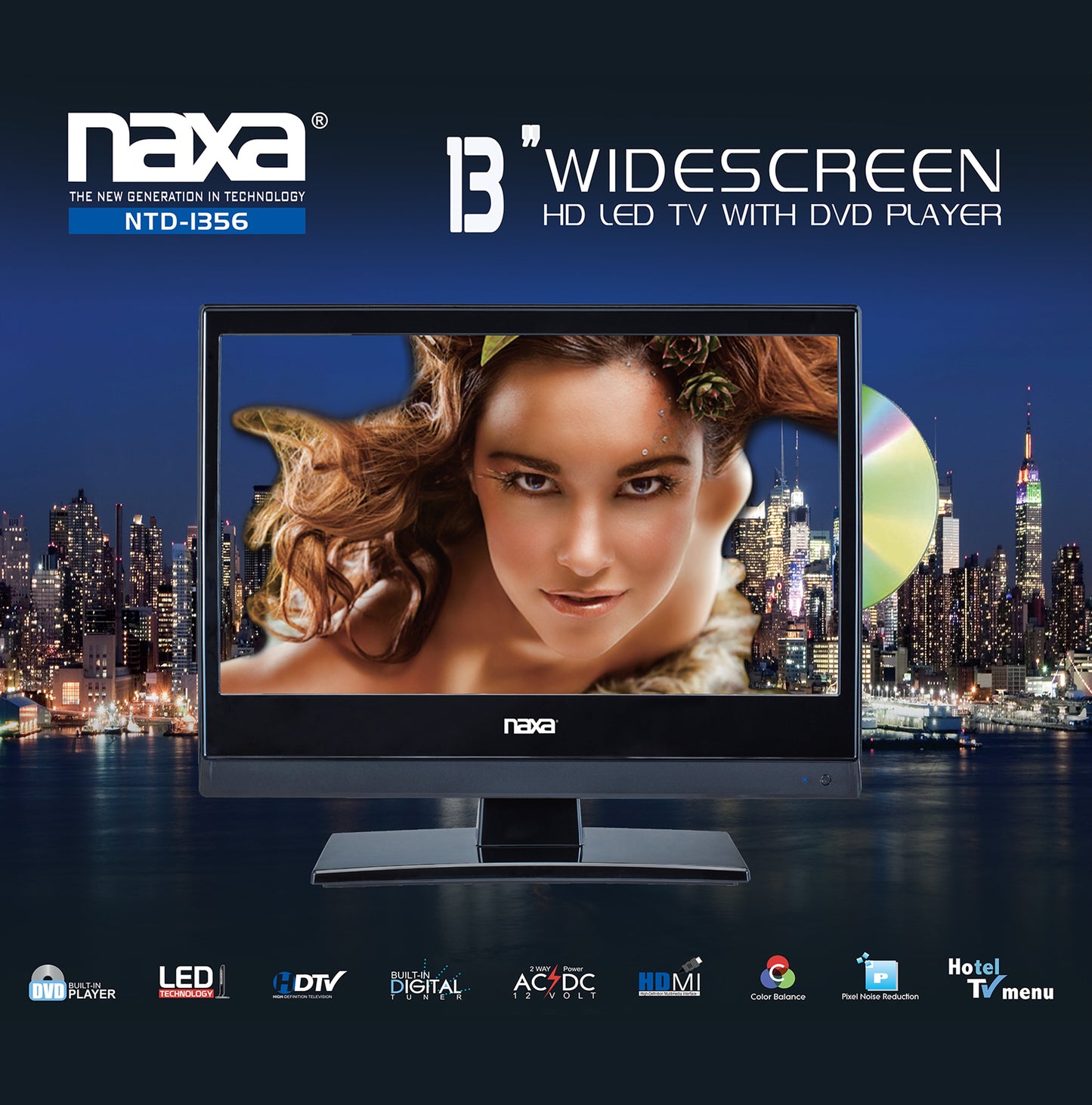 NTD-1356 13.3" HD LED Television with DVD Player and AC/DC Car Package, New, 1 Count