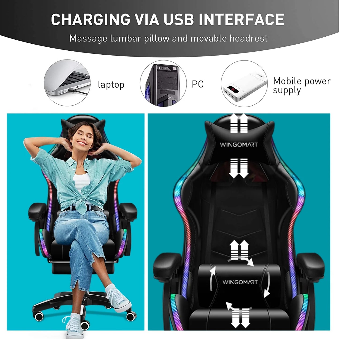 Ergonomic Gaming Chair with Footrest, High Back Faux Leather Gaming Chair with RGB Led Light and Adjustable Armrest Height Adjustable Swivel