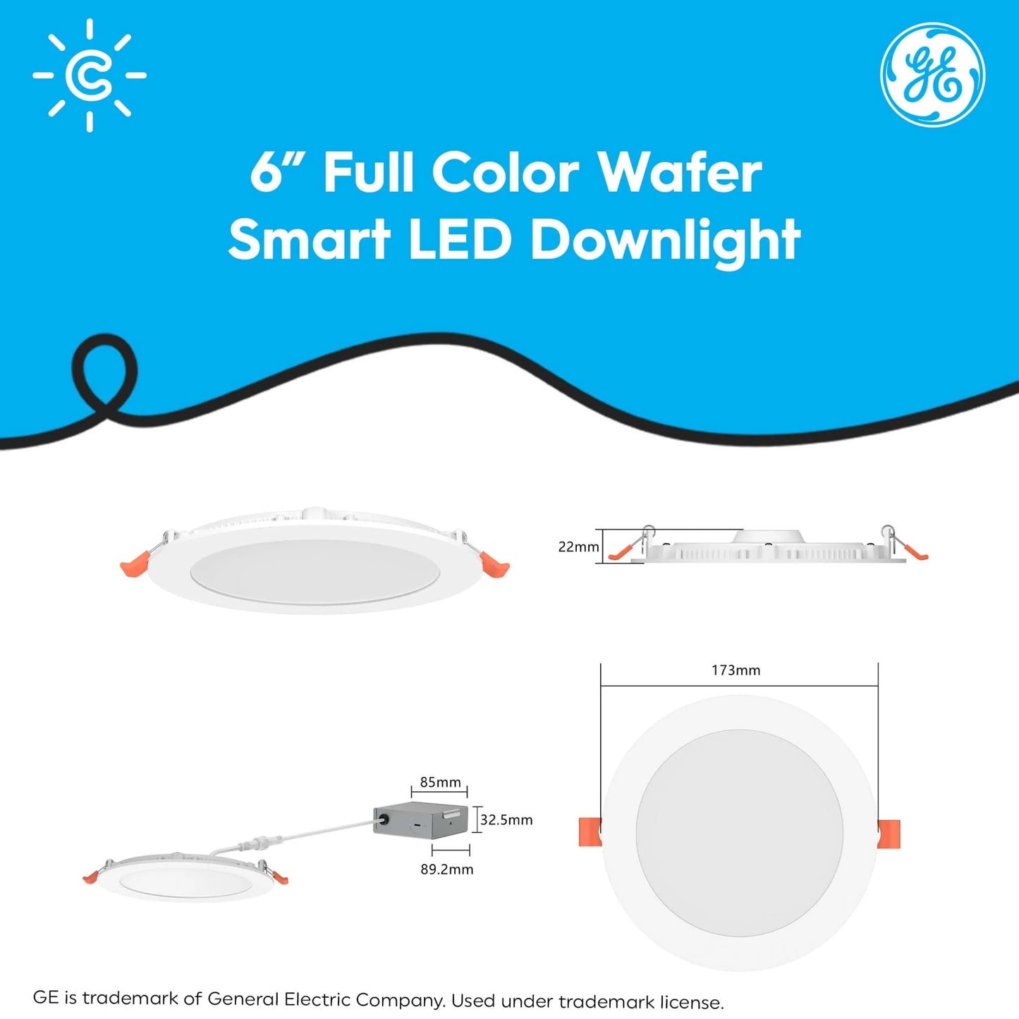 GE Cync Reveal HD+ Wafer Smart LED Downlight, Color Changing Wifi Lights, 6In, 16 Watts, 1Pk