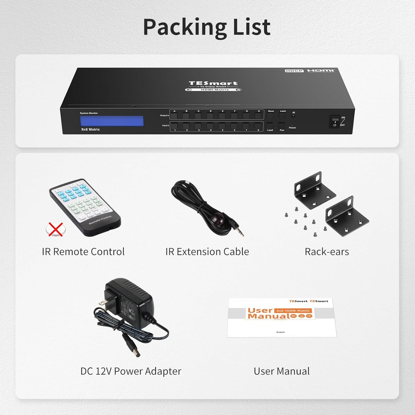 8X8 HDMI Matrix 4K Matrix Switcher Support EDID, 4K@30HZ, 1080P 3D, HDCP, 8 in 8 Out HDMI Switch with IR Remote Control, RS232, TCP/IP Control, Rack-Mount HDMI Matrix