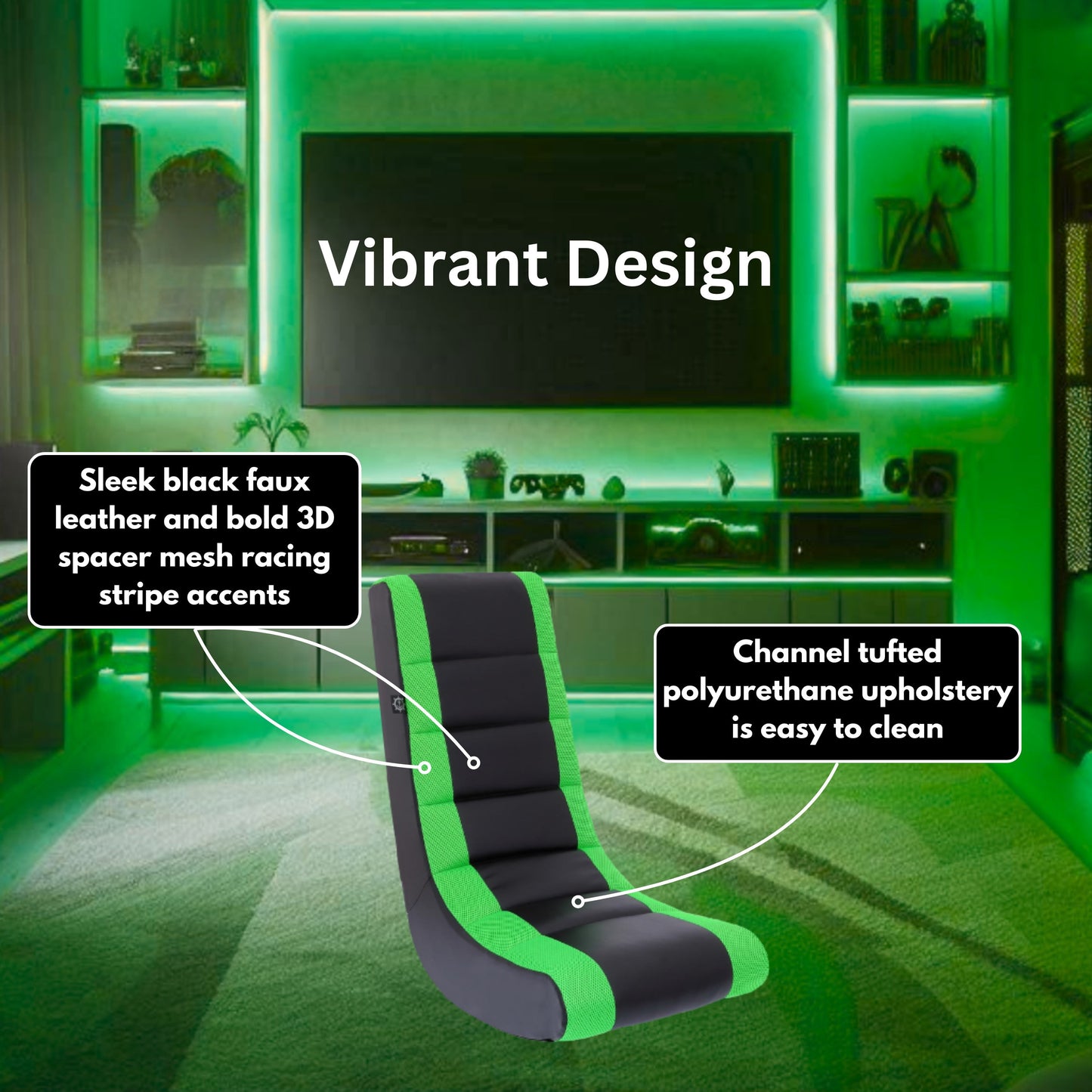 Classic Video Rocker Floor Gaming Chair, Kids and Teens, PU Faux Leather & Polyester Mesh, Black/Green