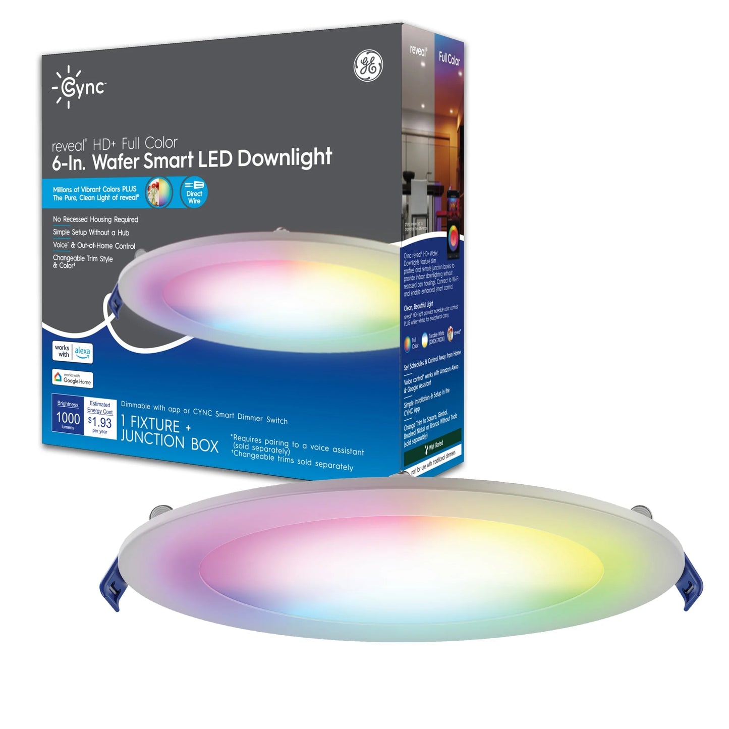 GE Cync Reveal HD+ Wafer Smart LED Downlight, Color Changing Wifi Lights, 6In, 16 Watts, 1Pk