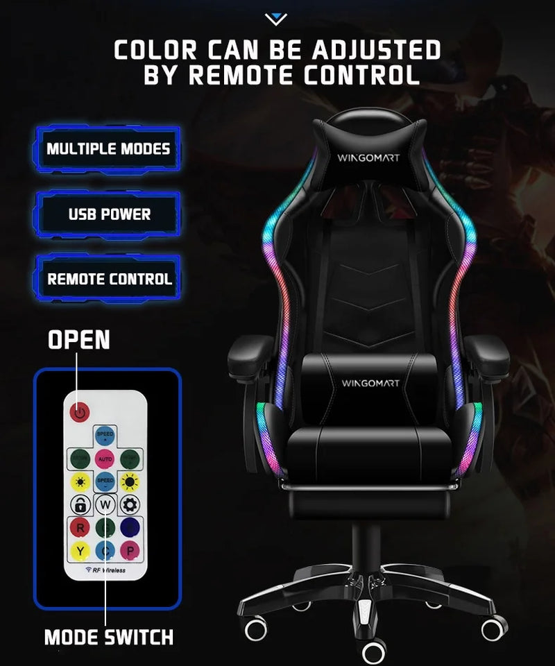 Ergonomic Gaming Chair with Footrest, High Back Faux Leather Gaming Chair with RGB Led Light and Adjustable Armrest Height Adjustable Swivel