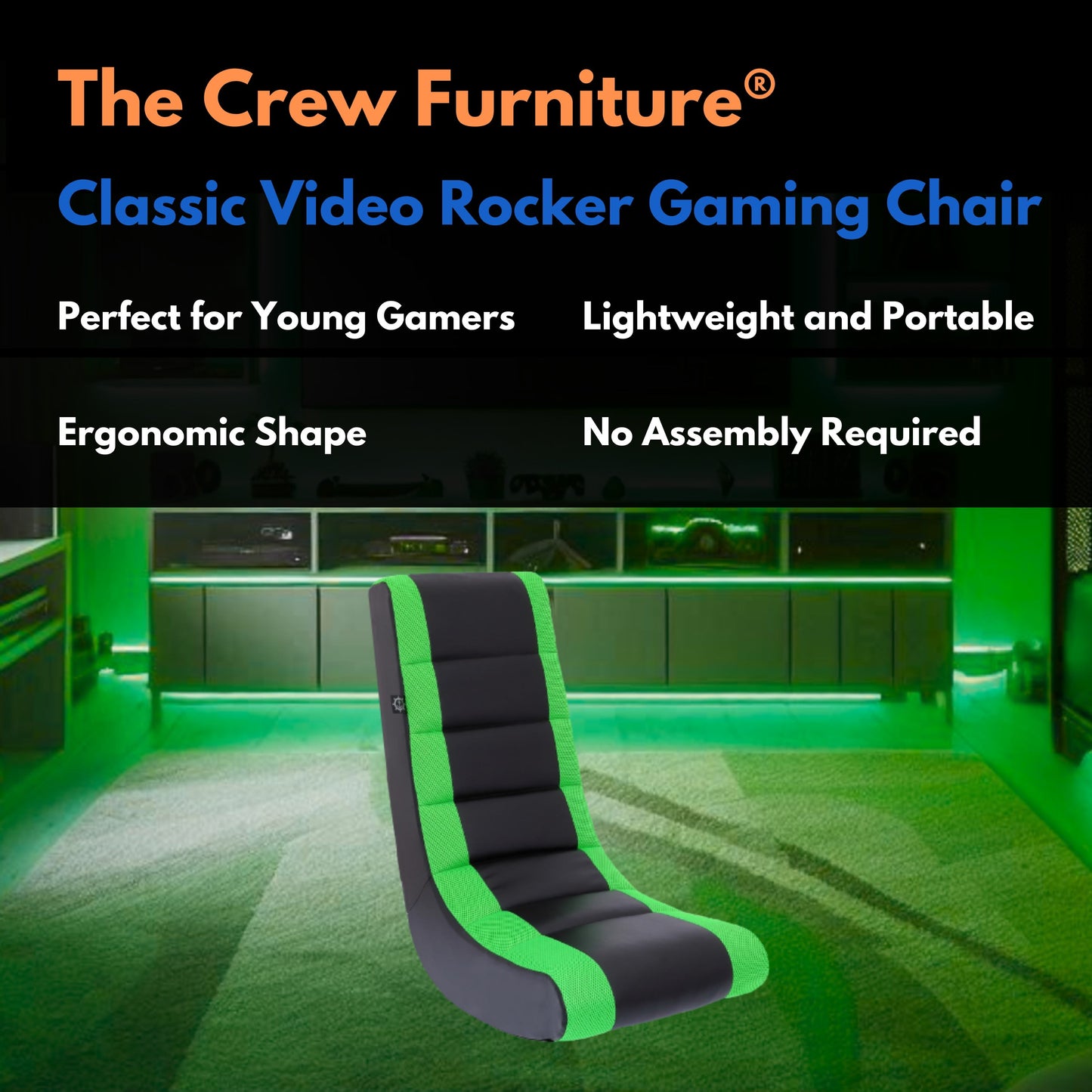 Classic Video Rocker Floor Gaming Chair, Kids and Teens, PU Faux Leather & Polyester Mesh, Black/Green