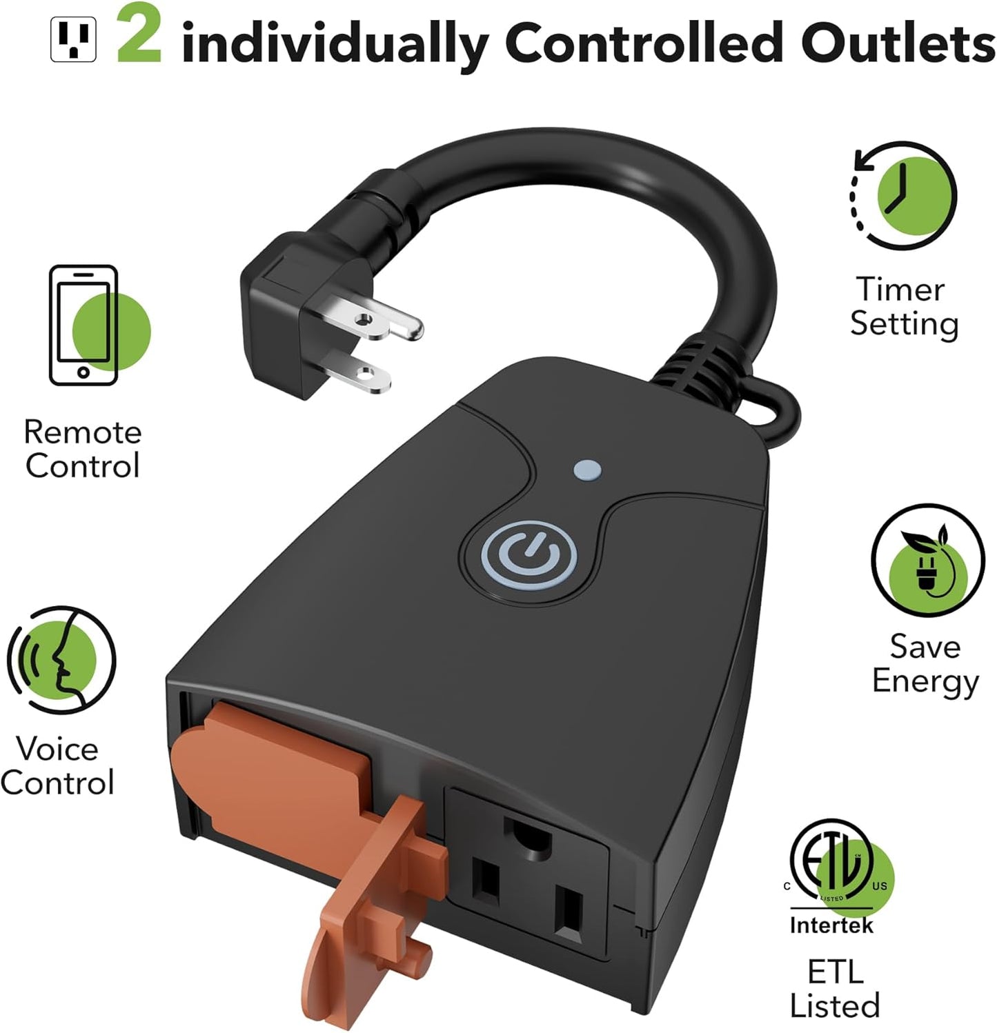 Outdoor Smart Wifi Plug, Heavy Duty Wi-Fi Timer with Two Grounded Outlet, Wireless Remote Control by App Compatible with Alexa and Google Home Assistant 2.4 Ghz Network Only, ETL Listed (1 Pack)