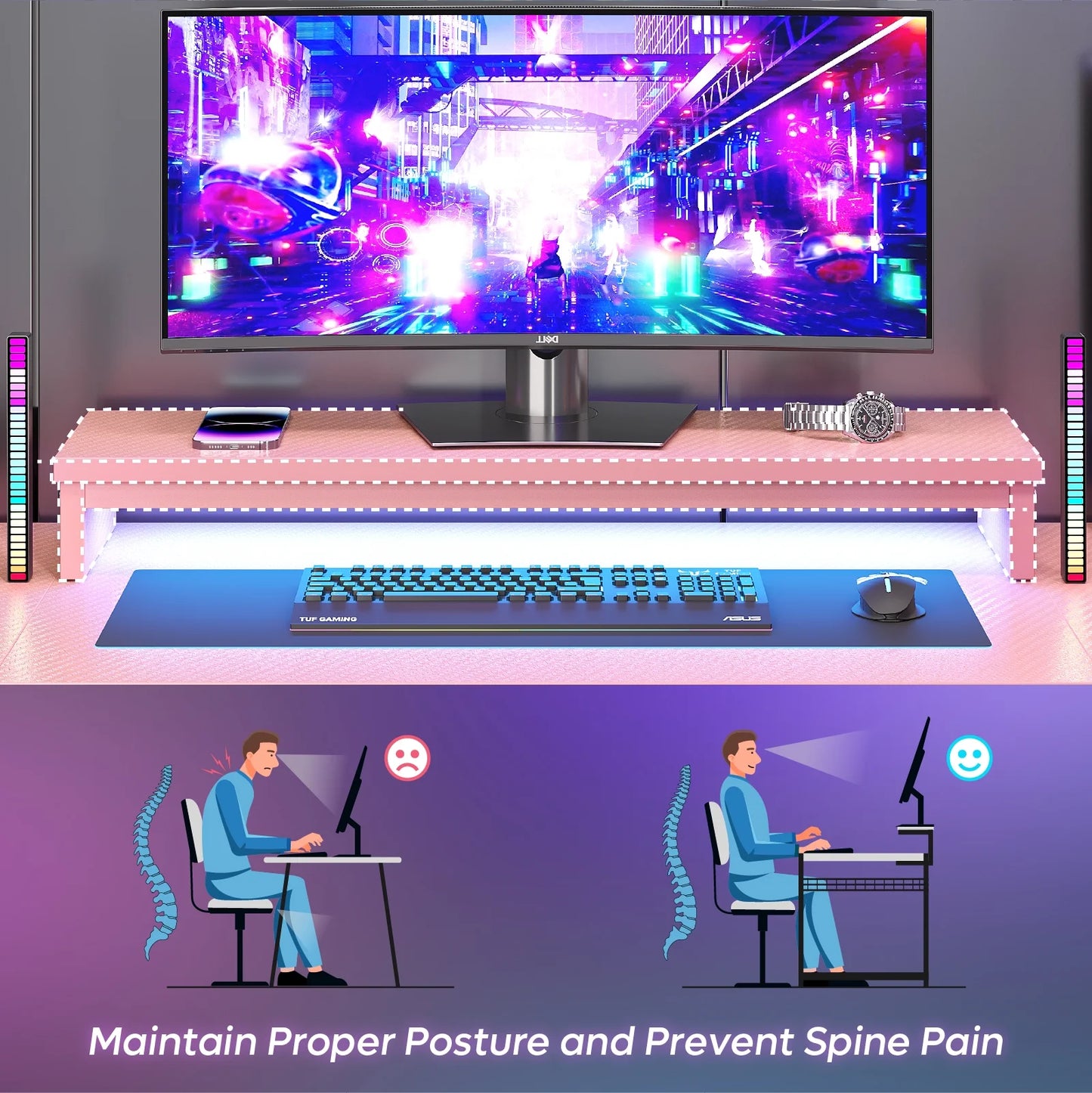 U-Shaped Gaming Desk with Monitor Stand, LED Lights, Headphone Hooks, Cup Holder, 31.5 X 59 In, Carbon Fiber Pink