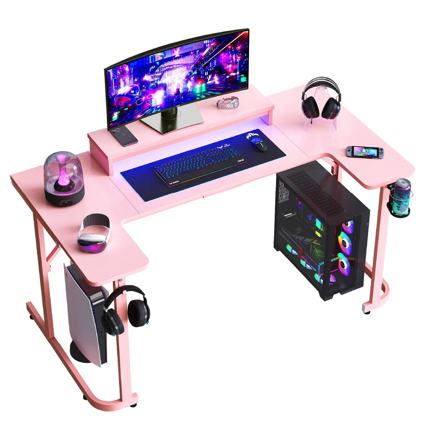 U-Shaped Gaming Desk with Monitor Stand, LED Lights, Headphone Hooks, Cup Holder, 31.5 X 59 In, Carbon Fiber Pink