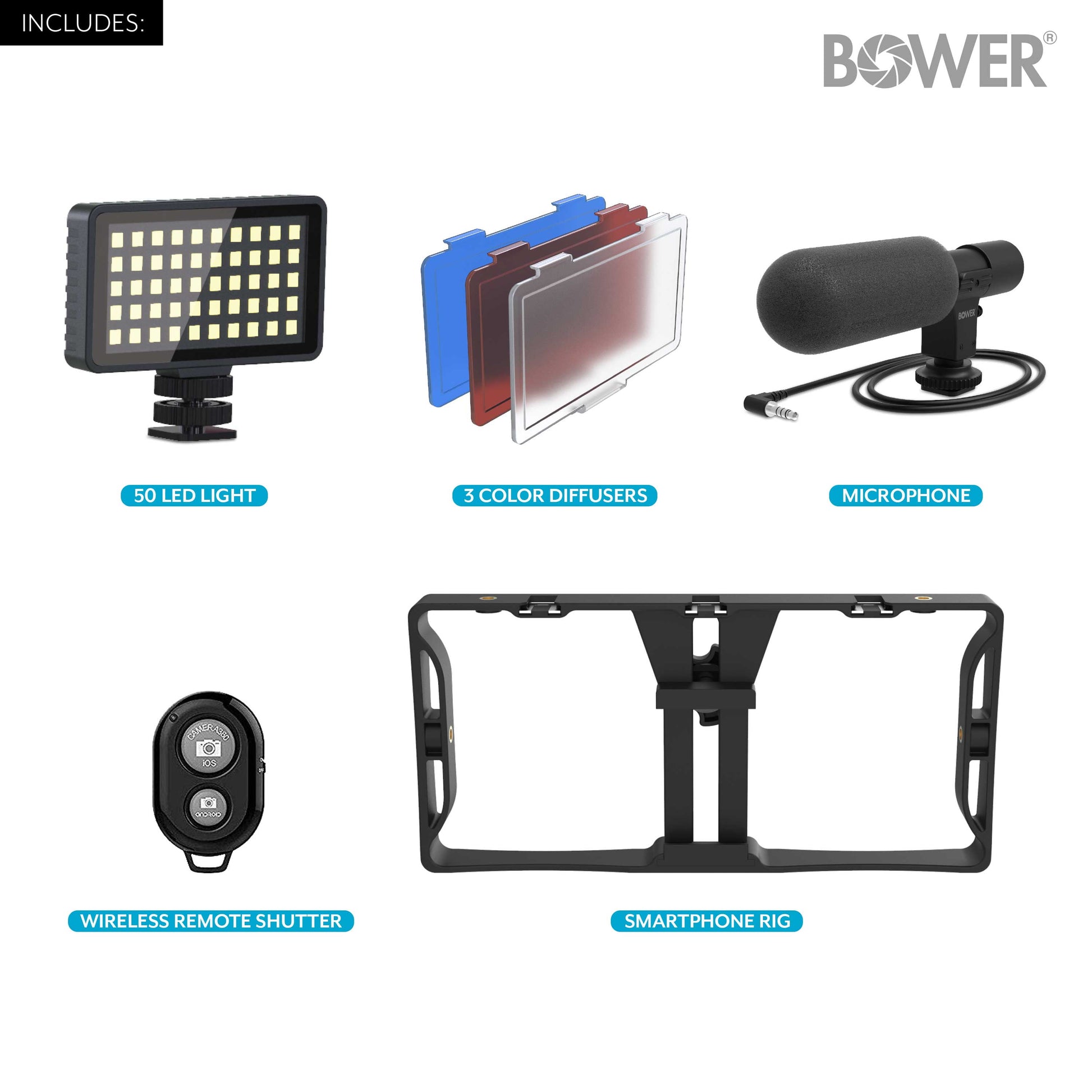 Ultimate Vlogger Pro Kit with Smartphone Rig, HD Microphone, 50 LED Light, 3 Diffusers / Filters, and Shutter Remote