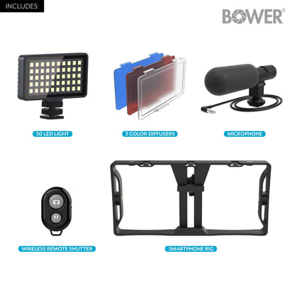 Ultimate Vlogger Pro Kit with Smartphone Rig, HD Microphone, 50 LED Light, 3 Diffusers / Filters, and Shutter Remote