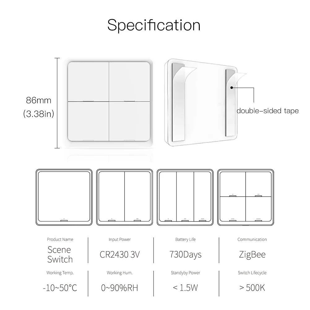 4 Gang Tuya Zigbee Wireless 12 Scene Switch Push Button Controller Battery Powered Automation Scenario for Tuya Devices