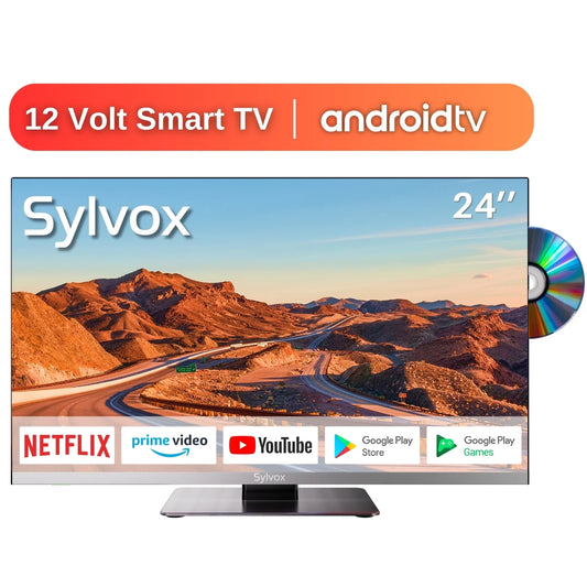 Smart RV TV, 24 Inch Android TV with Built-In DVD Player, 12 Volt TV for RV Camper, 1080P FHD, APP Store, Wifi Bluetooth, 2 HDMI & 2 USB, AC/DC Powered (Limo Series)