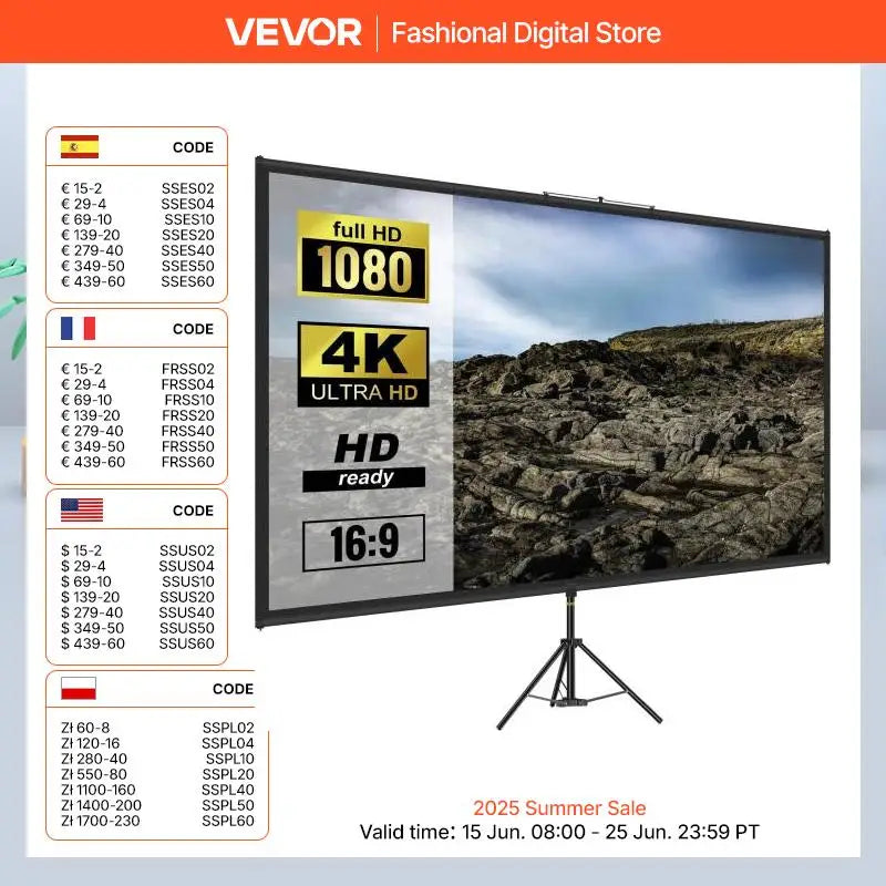 100 Inch Tripod Projector Screen W/ Stand 16:9 4K HD Portable Home Cinema for Indoor & Outdoor Projection