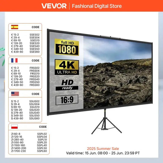 100 Inch Tripod Projector Screen W/ Stand 16:9 4K HD Portable Home Cinema for Indoor & Outdoor Projection