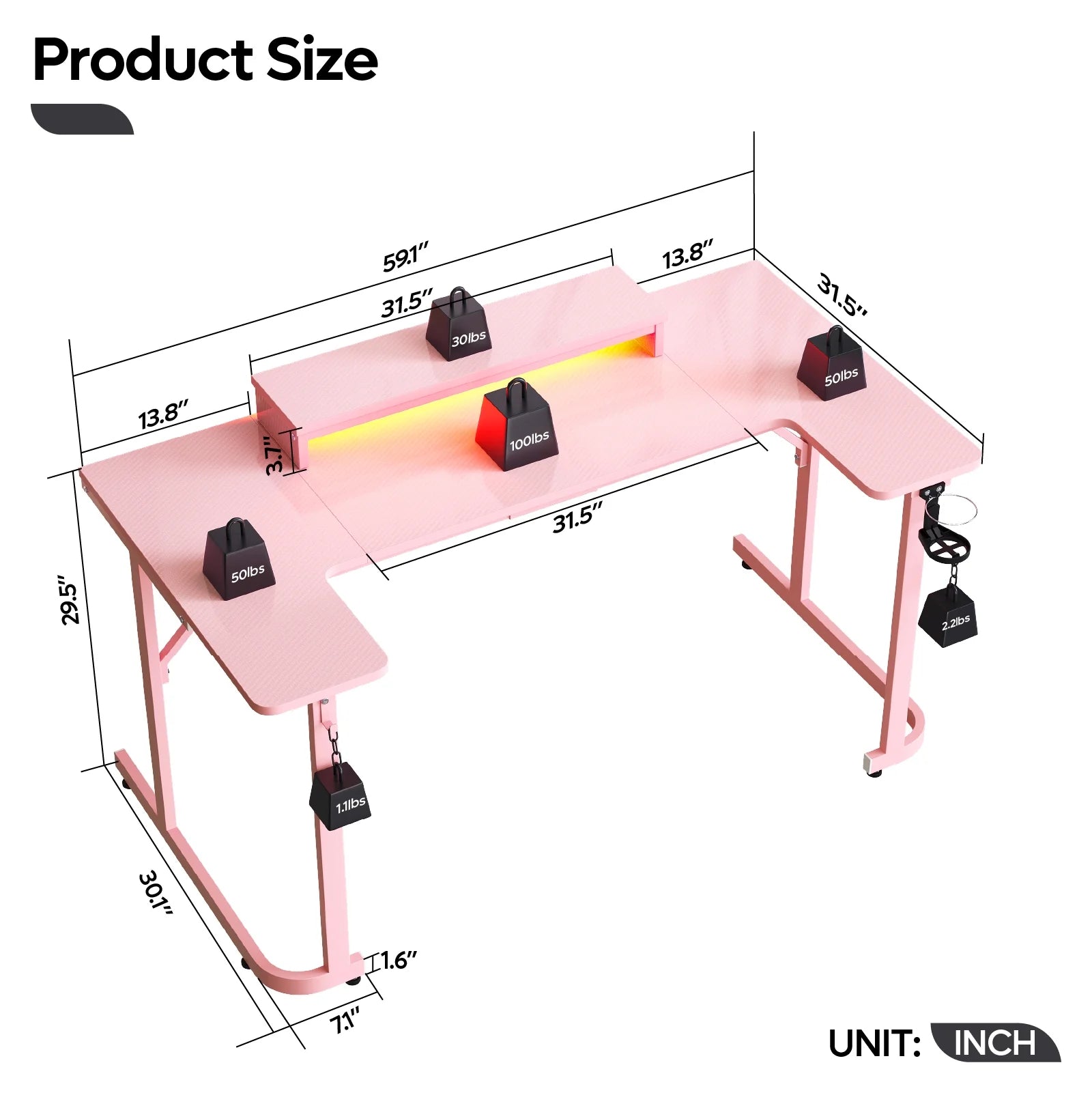U-Shaped Gaming Desk with Monitor Stand, LED Lights, Headphone Hooks, Cup Holder, 31.5 X 59 In, Carbon Fiber Pink