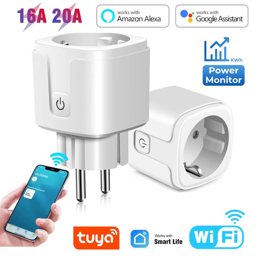 16A 20A Tuya Smart Plug EU Wifi Smart Socket with Power Monitoring Electrical Sockets APP Control Timing Voice for Alexa Google