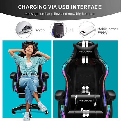 Ergonomic Gaming Chair with Footrest, High Back Faux Leather Gaming Chair with RGB Led Light and Adjustable Armrest Height Adjustable Swivel