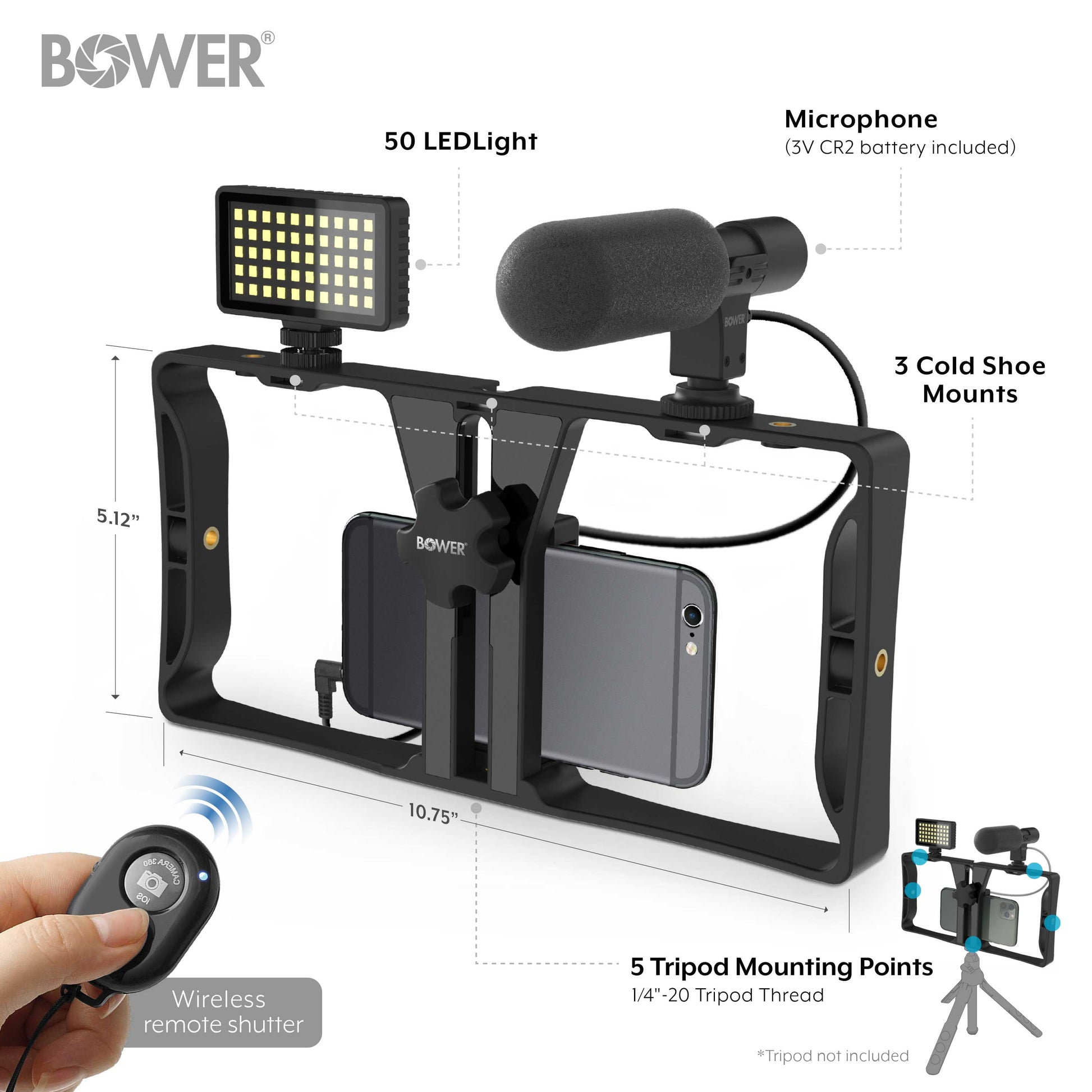 Ultimate Vlogger Pro Kit with Smartphone Rig, HD Microphone, 50 LED Light, 3 Diffusers / Filters, and Shutter Remote