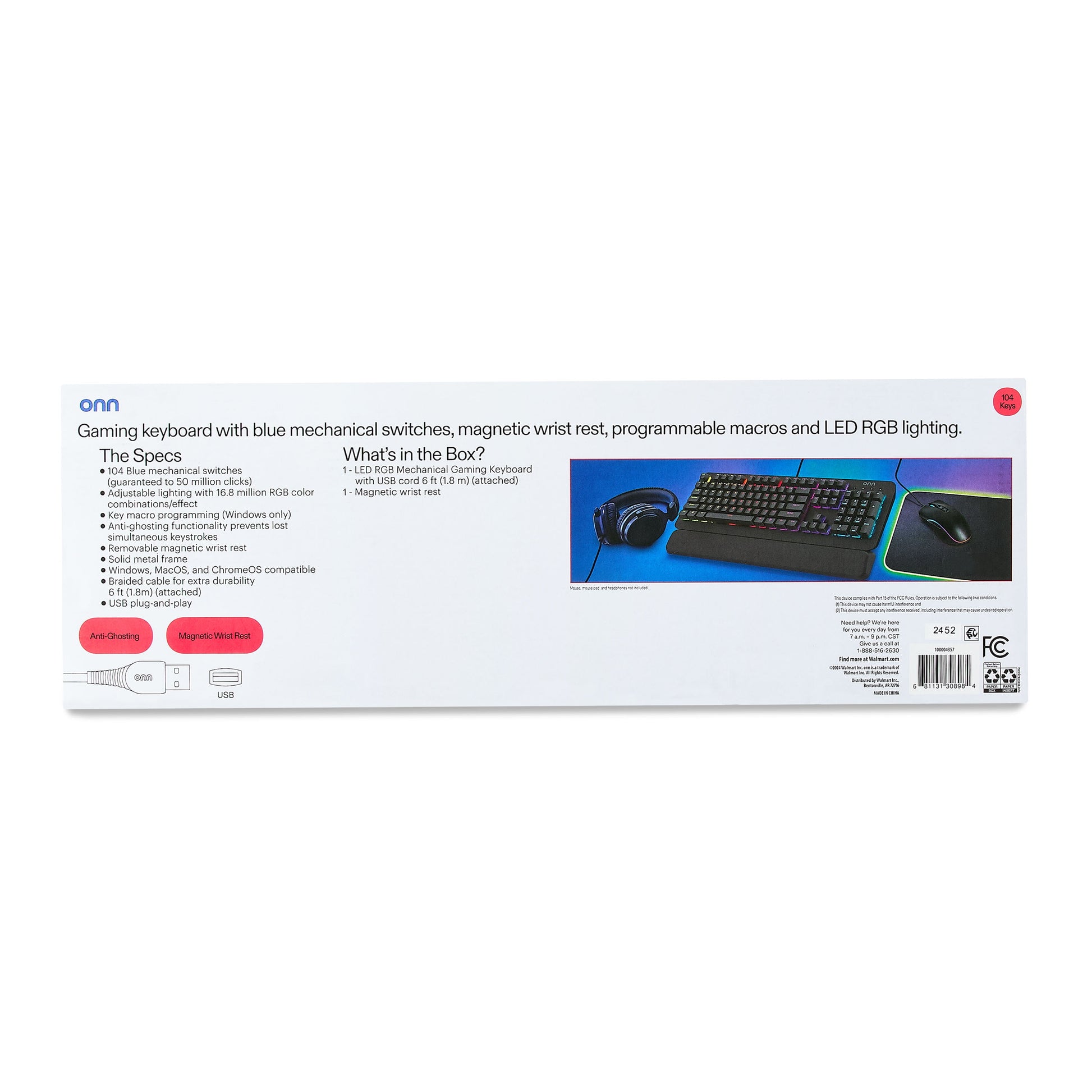 Gaming Mechanical Keyboard with Blue Switches, Adjustable 16.8M LED Lighting, 104 Keys, Black