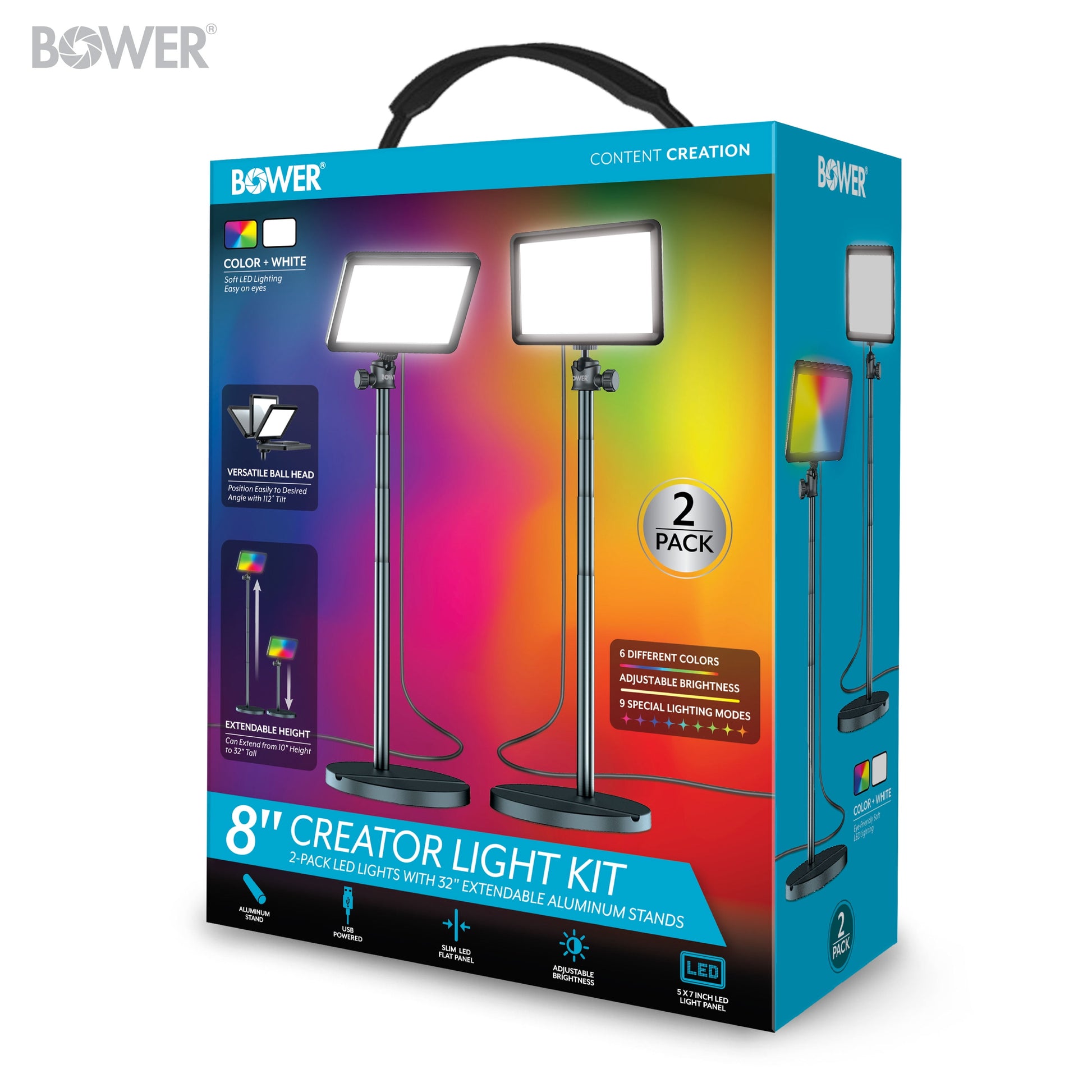 8" Creator LED RGB Light Kit 2-Pack W/ 32" Extendable Aluminum Stands , Perfect for Content Creation