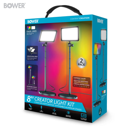 8" Creator LED RGB Light Kit 2-Pack W/ 32" Extendable Aluminum Stands , Perfect for Content Creation