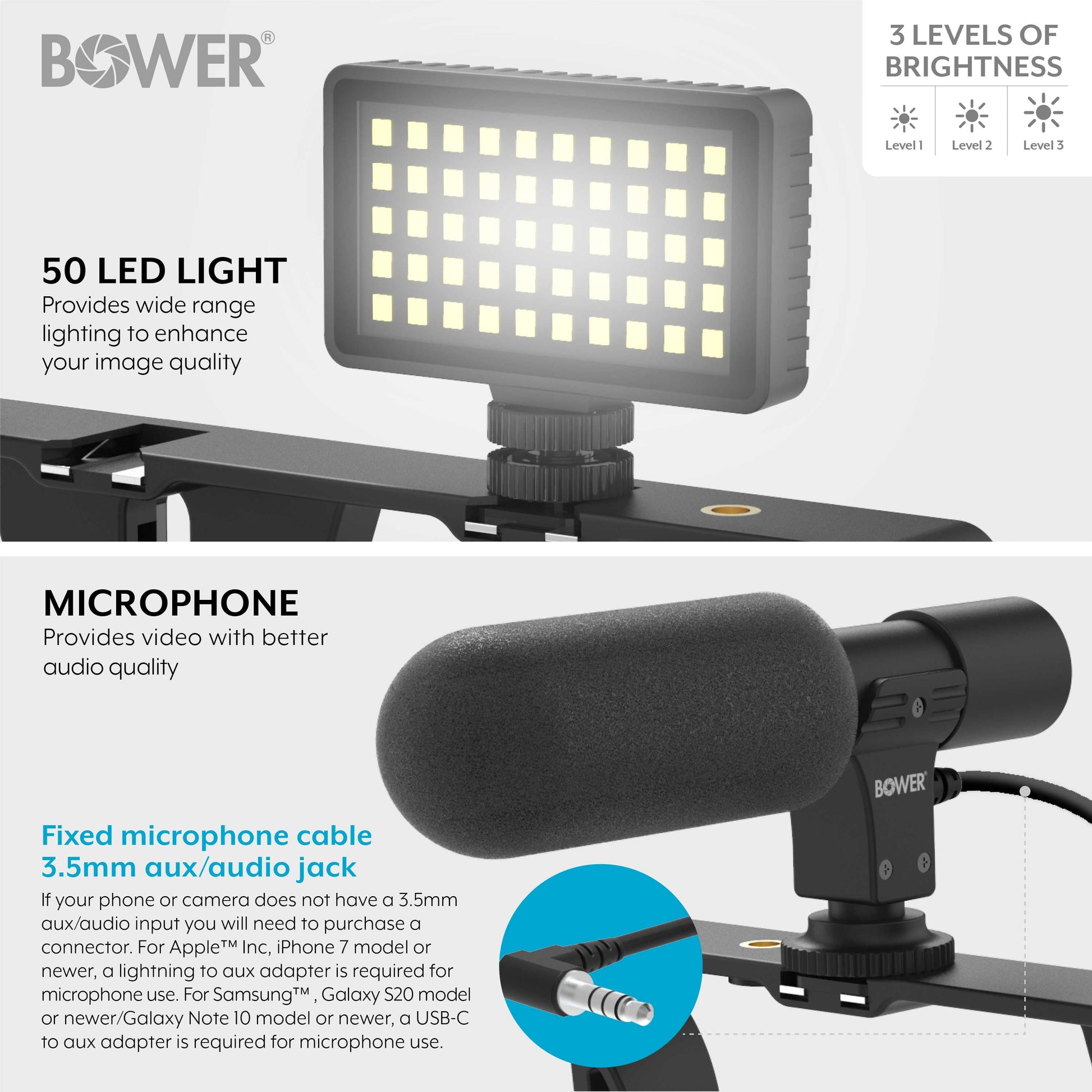 Ultimate Vlogger Pro Kit with Smartphone Rig, HD Microphone, 50 LED Light, 3 Diffusers / Filters, and Shutter Remote