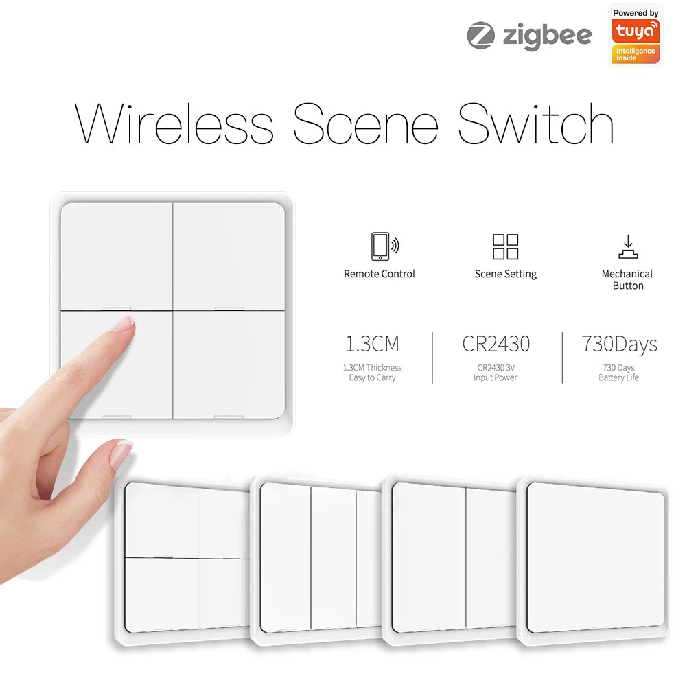 4 Gang Tuya Zigbee Wireless 12 Scene Switch Push Button Controller Battery Powered Automation Scenario for Tuya Devices