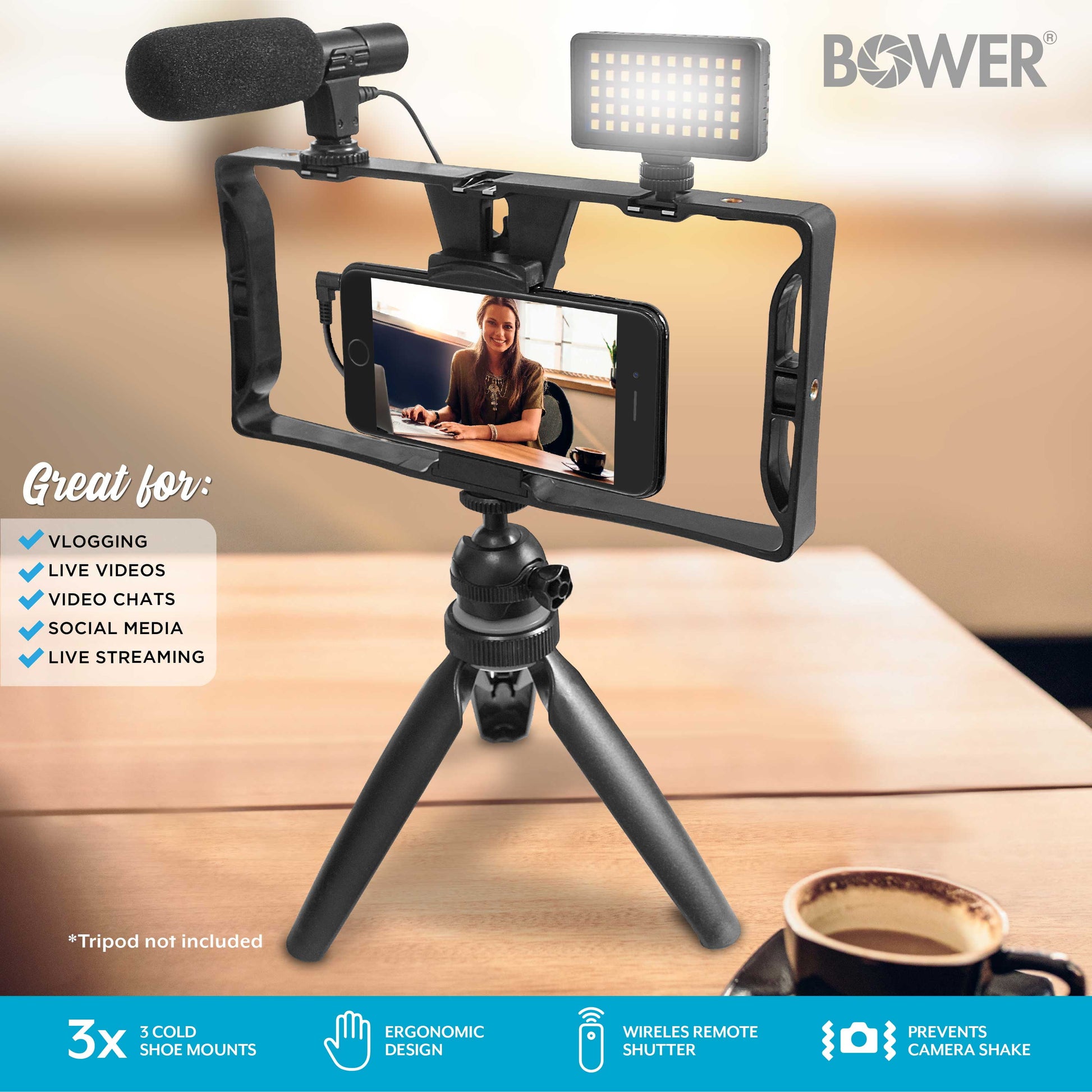 Ultimate Vlogger Pro Kit with Smartphone Rig, HD Microphone, 50 LED Light, 3 Diffusers / Filters, and Shutter Remote