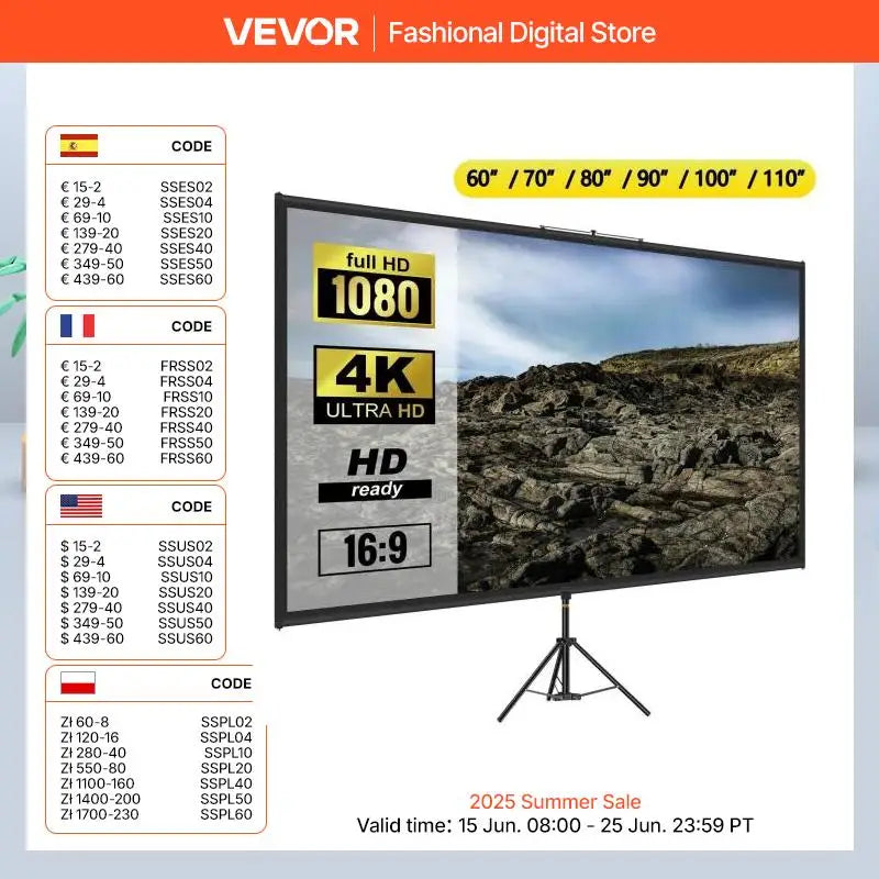 60 70 80 90 100 110 Inch Tripod Projector Screen W/ Stand 16:9 4K HD Portable Home Cinema for Indoor & Outdoor Projection