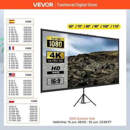 60 70 80 90 100 110 Inch Tripod Projector Screen W/ Stand 16:9 4K HD Portable Home Cinema for Indoor & Outdoor Projection