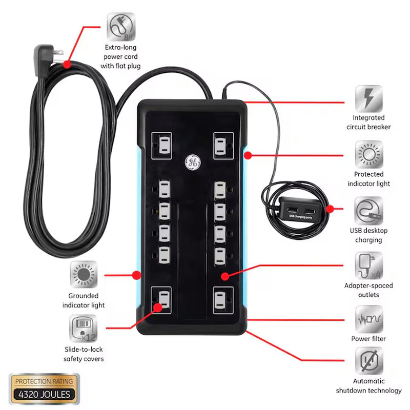 8-Ft 12 -Outlet 4320 Joules 1800 -Watts Black Indoor AC Sur Protector