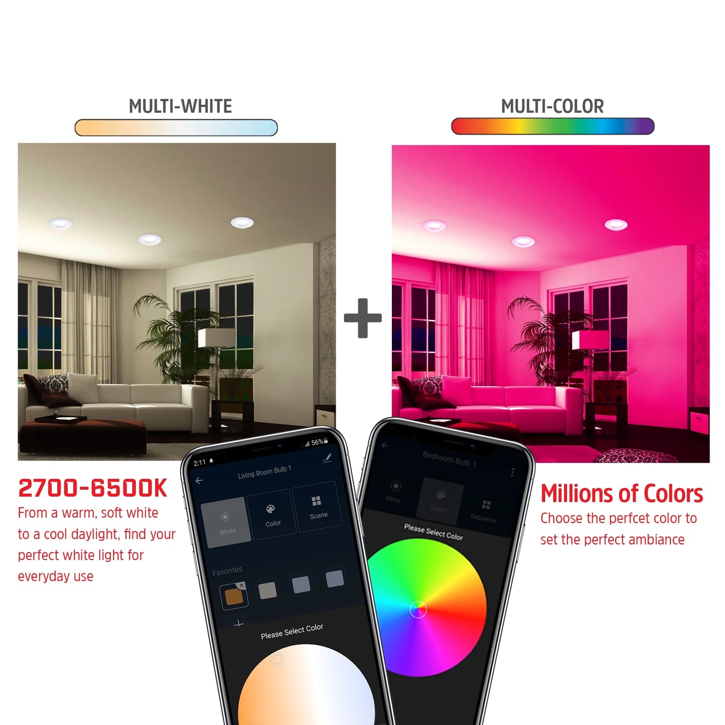 8-Pack Smart Wi-Fi Multi Color and Multi White 5”/6” LED Recessed Downlight BR30, Indoor Kitchen Area