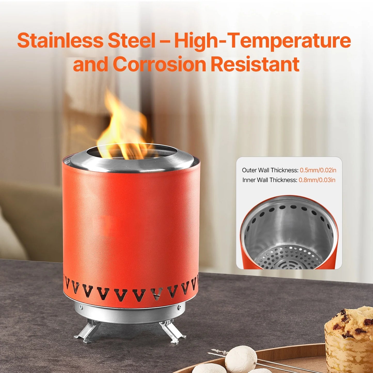 Portable Fire Pit, 6-Inch Stainless Steel Indoor/Outdoor Tabletop Fireplace, Compact Rubbing Burner Smores Creator with Stand, Utilizes Wood or Pellet Fuel, Red, 1.96 Lbs