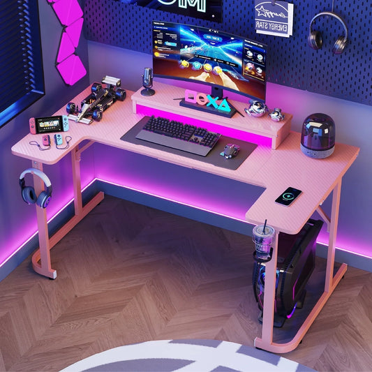 U-Shaped Gaming Desk with Monitor Stand, LED Lights, Headphone Hooks, Cup Holder, 31.5 X 59 In, Carbon Fiber Pink