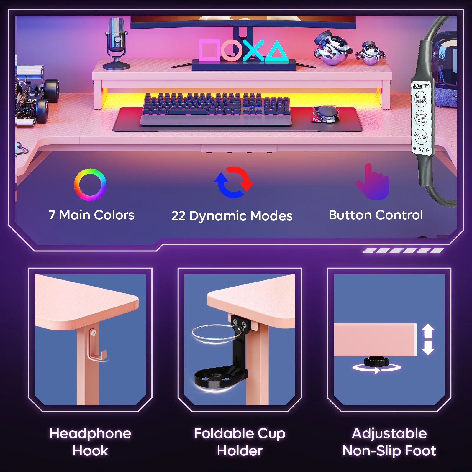 U-Shaped Gaming Desk with Monitor Stand, LED Lights, Headphone Hooks, Cup Holder, 31.5 X 59 In, Carbon Fiber Pink