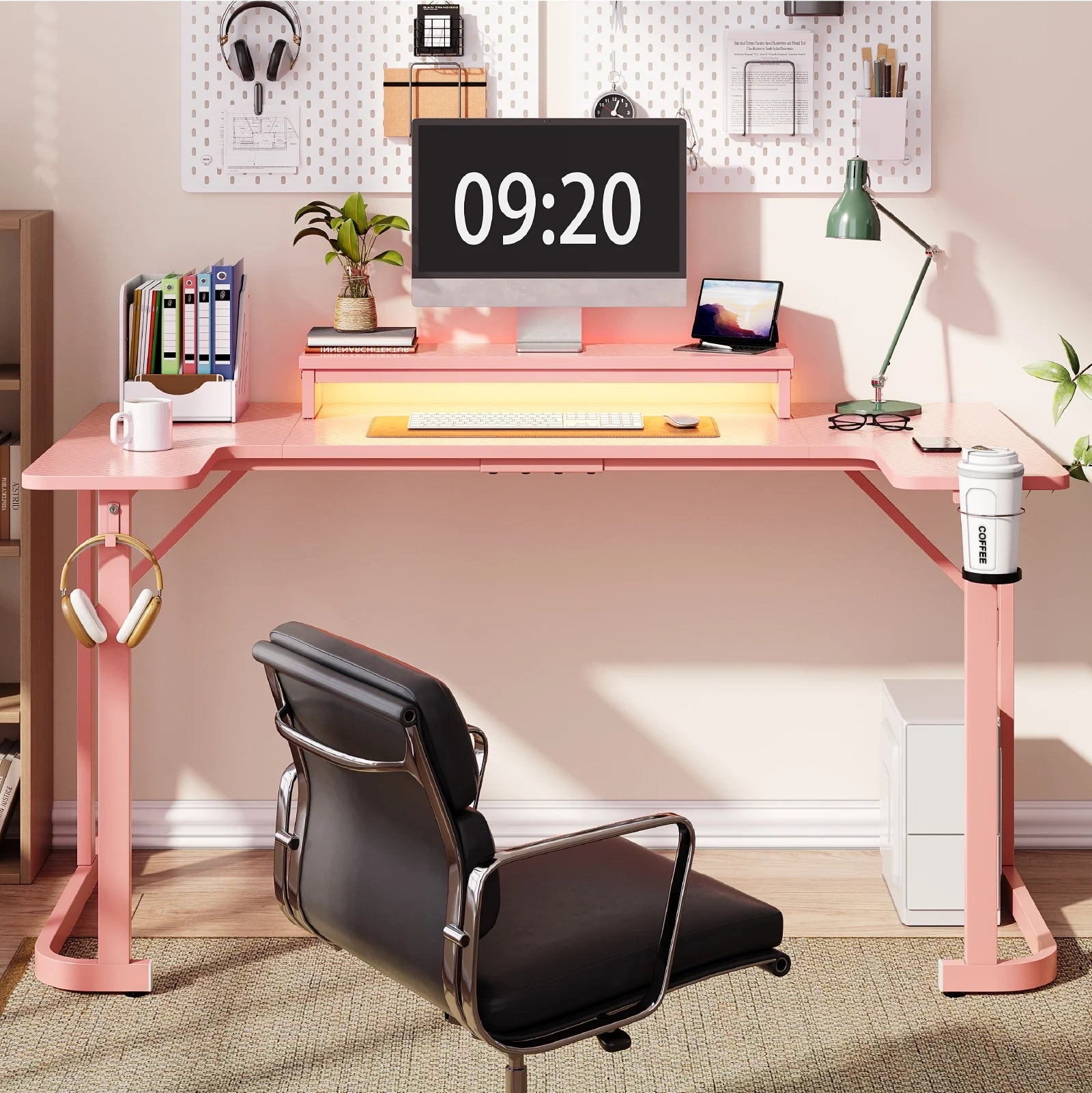 U-Shaped Gaming Desk with Monitor Stand, LED Lights, Headphone Hooks, Cup Holder, 31.5 X 59 In, Carbon Fiber Pink