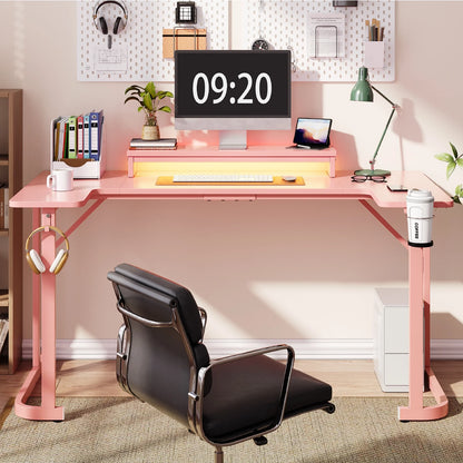U-Shaped Gaming Desk with Monitor Stand, LED Lights, Headphone Hooks, Cup Holder, 31.5 X 59 In, Carbon Fiber Pink