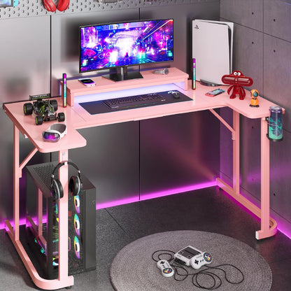 U-Shaped Gaming Desk with Monitor Stand, LED Lights, Headphone Hooks, Cup Holder, 31.5 X 59 In, Carbon Fiber Pink